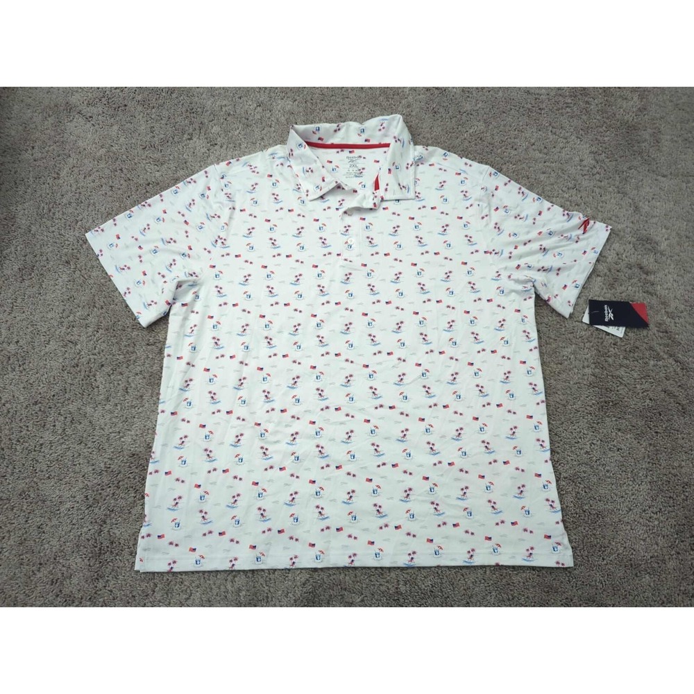 Reebok Polo Shirt Mens 2XL White American Flag Beach Speedwick Golf Casual